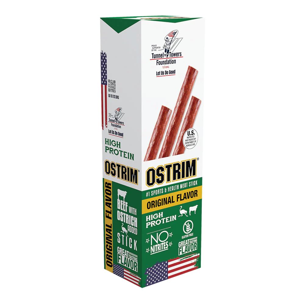 Ostrim Original packaging front view, convenient 1.5oz sticks for on-the-go protein.
