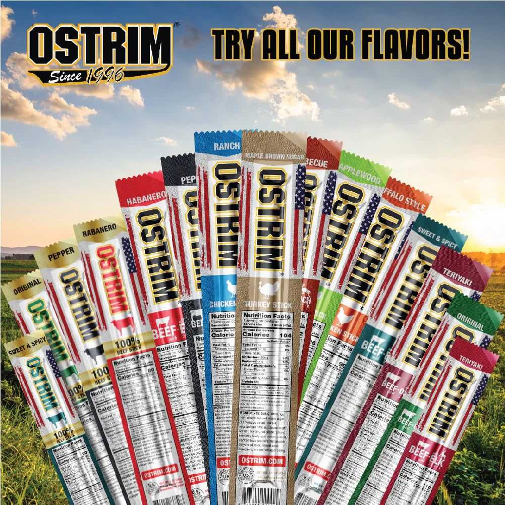 Ostrim Original serving size shows ten sticks for easy portioning.