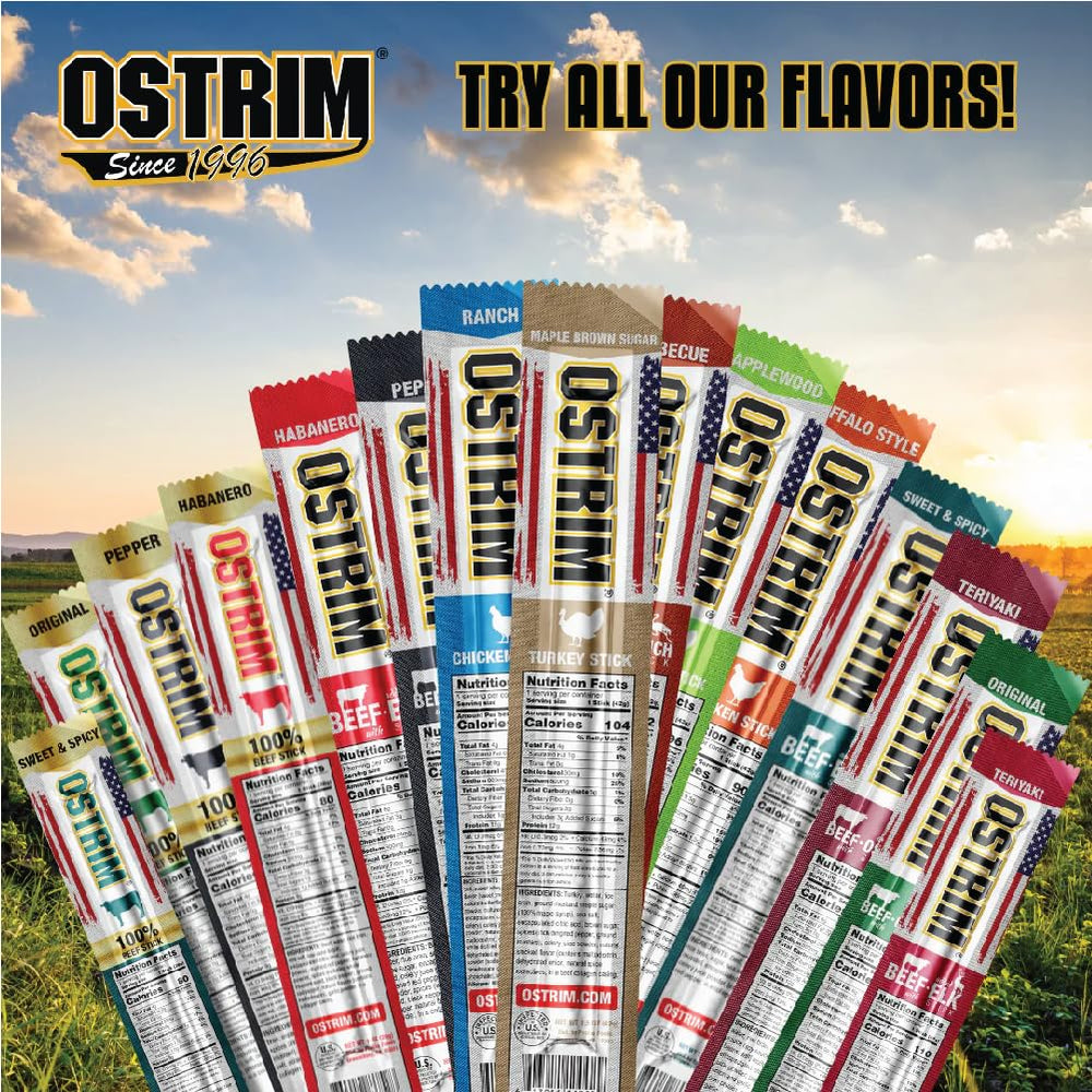 Ostrim Original serving size shows ten sticks for easy portioning.