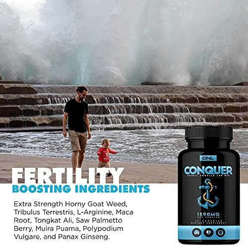 ONL Conquer capsules on tray with maca root tribulus and saw palmetto imagery