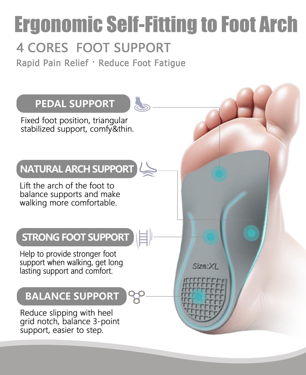 OUOKK high-arch inserts in black show optimal foot alignment.