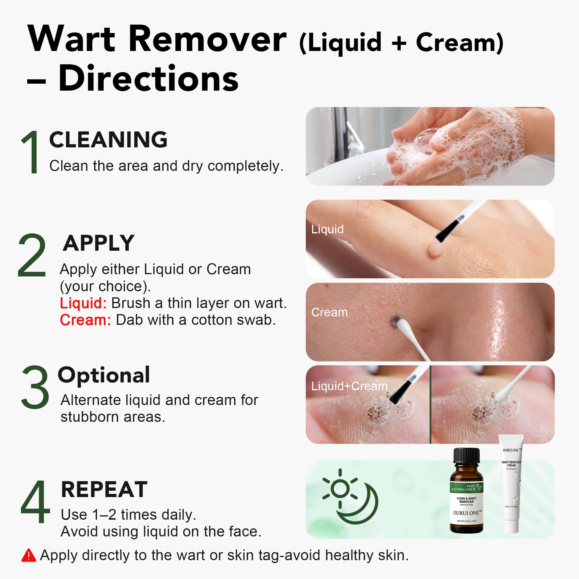 Ourui One Wart Remover liquid application showing targeted treatment steps