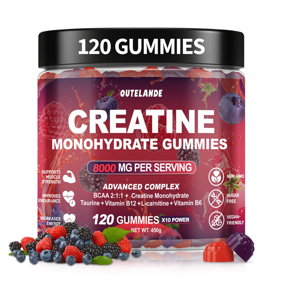 OUTELANDE Creatine Monohydrate Gummies bottle close-up for convenient workout fueling.