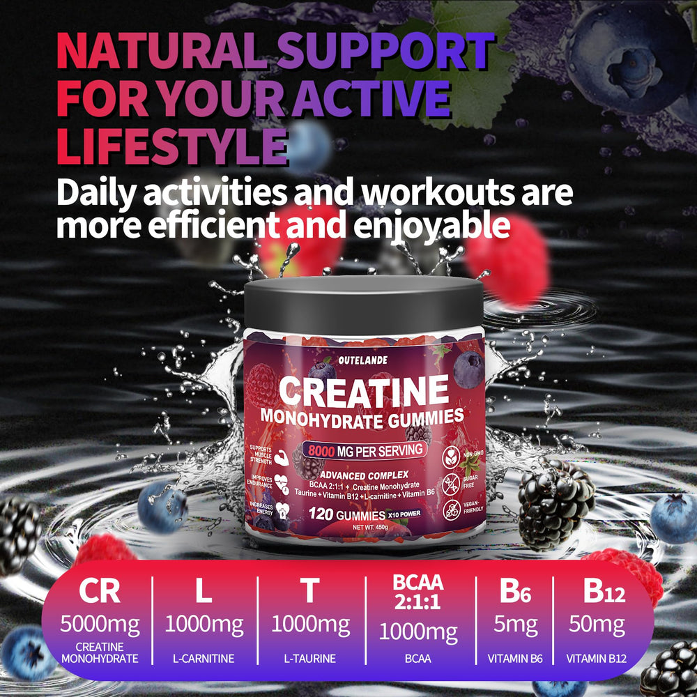 OUTELANDE Creatine Monohydrate Gummies compact packaging ideal for gym bags.