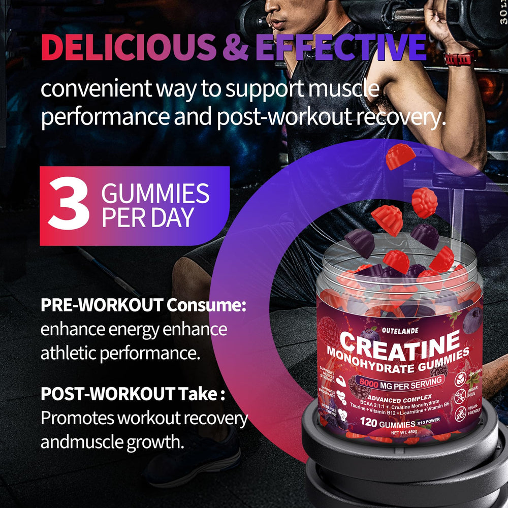 OUTELANDE Creatine Monohydrate Gummies ready-to-take during workouts for ongoing energy.