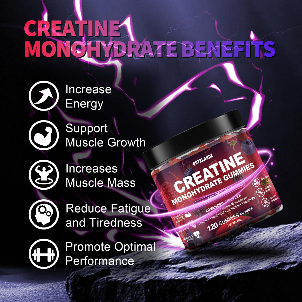 OUTELANDE Creatine Monohydrate Gummies three-chew serving supports quick energy during workouts.