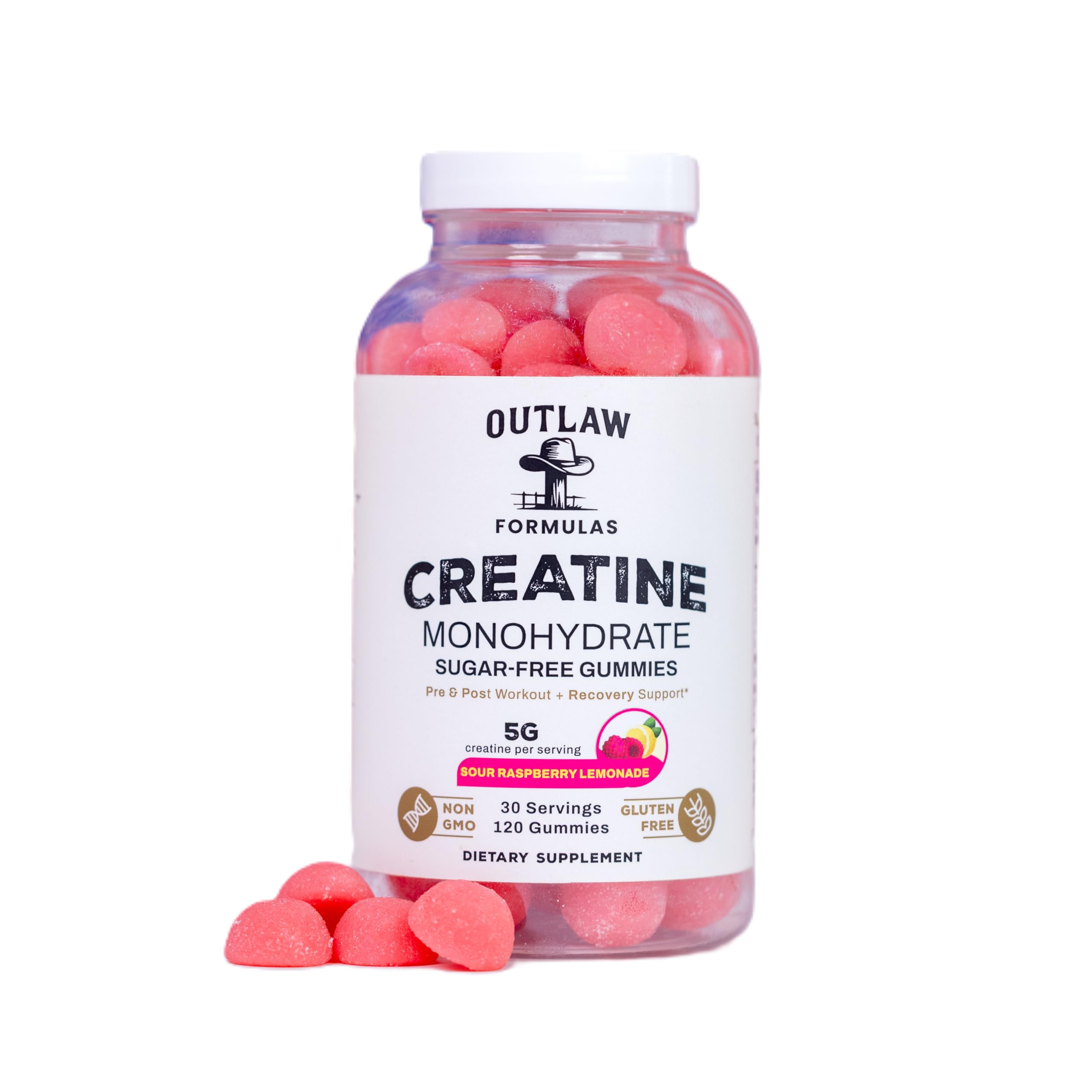 Outlaw Formulas Creatine Monohydrate Gummies front bottle for easy daily supplementation.
