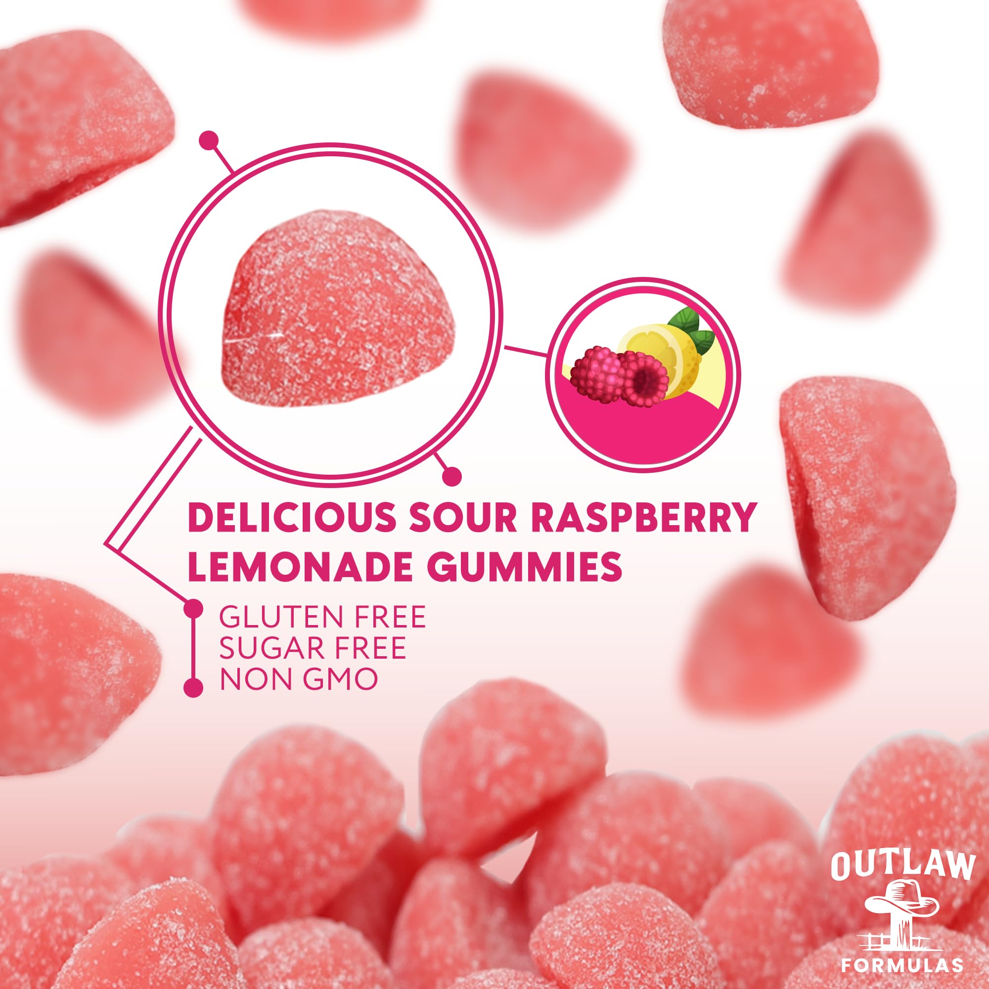 Open bottle with Outlaw Formulas Gummies pouring chews.