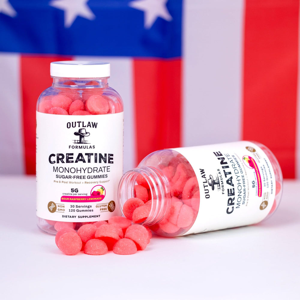 Packaging of Outlaw Formulas Creatine Monohydrate Gummies with brand and USA-made badge.