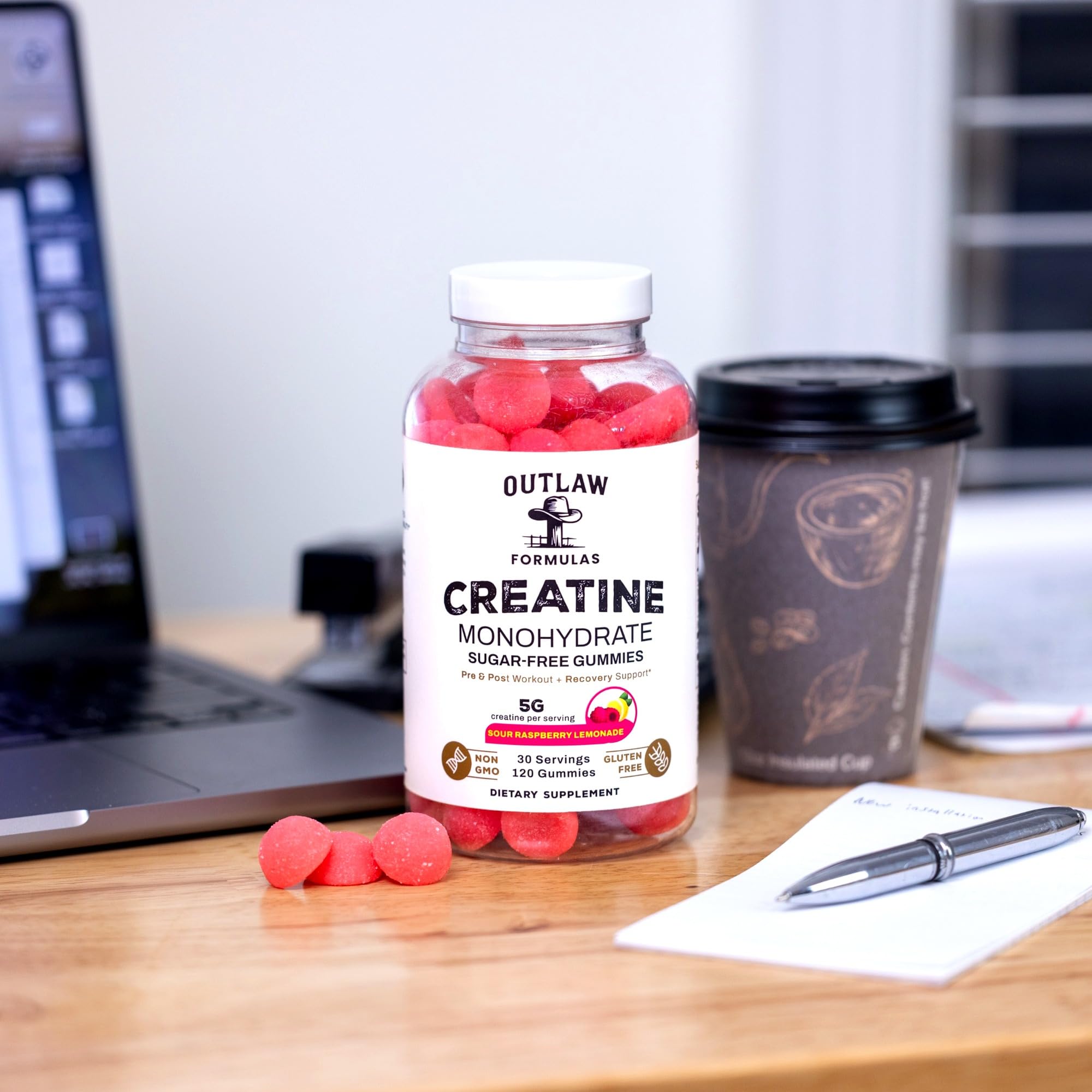 GMP and lab seal displayed on Outlaw Formulas Creatine Monohydrate Gummies packaging.