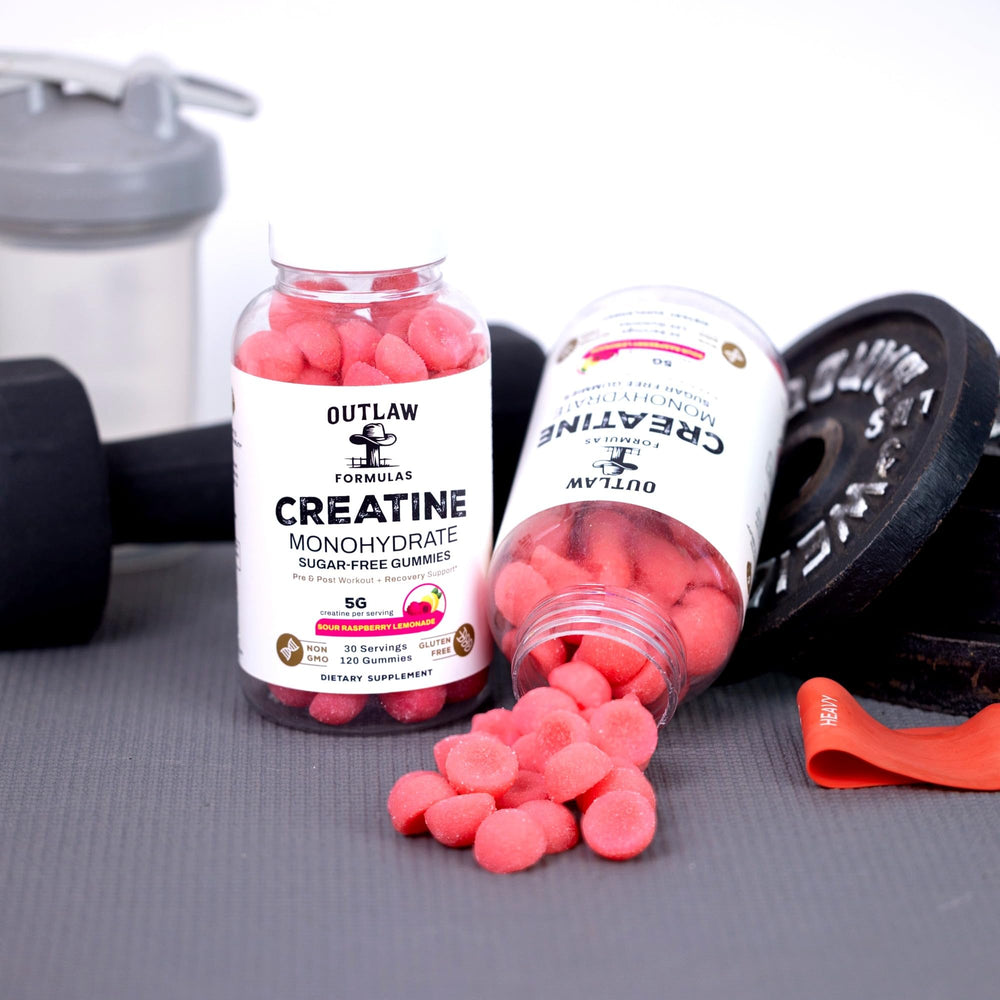 Label highlights flavor and serving size on Outlaw Formulas Gummies.
