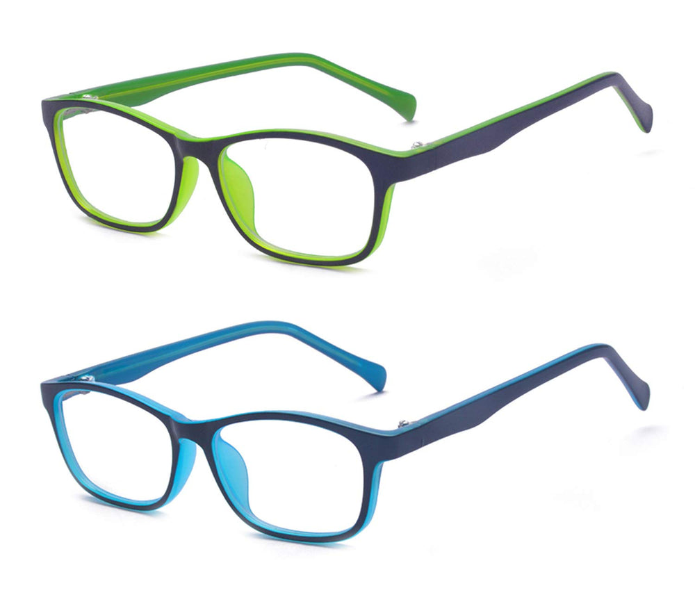 Outray kids anti blue light glasses with rectangle frame and blue-green accents for screen-time comfort.