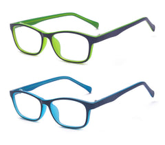 Outray kids anti blue light glasses with rectangle frame and blue-green accents for screen-time comfort.