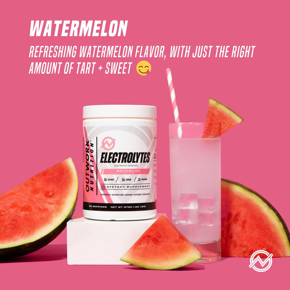 Outwork Nutrition Electrolytes Powder scoop beside dissolving drink