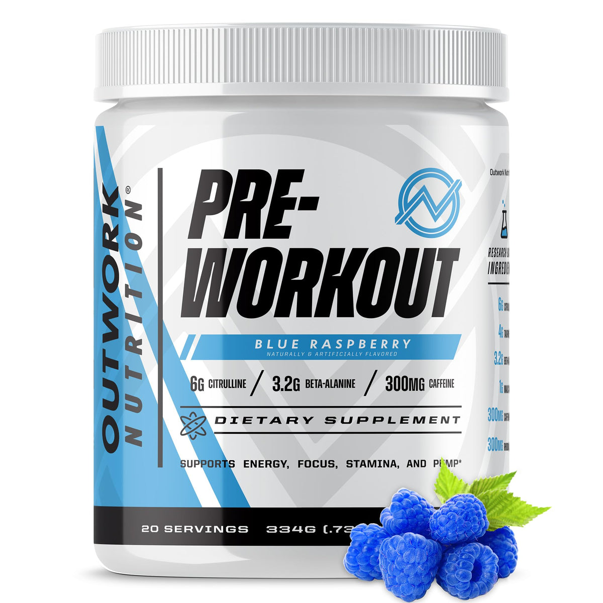 Outwork Nutrition preworkout bottle in blue raspberry flavor for energized training