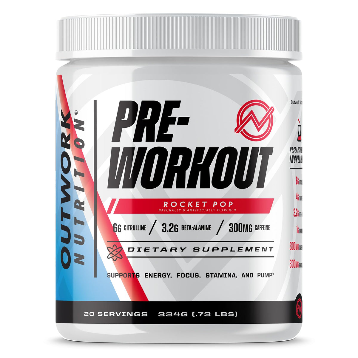 Outwork Nutrition preworkout Rocket Pop tub shows sugar-free energy and focus for workouts.