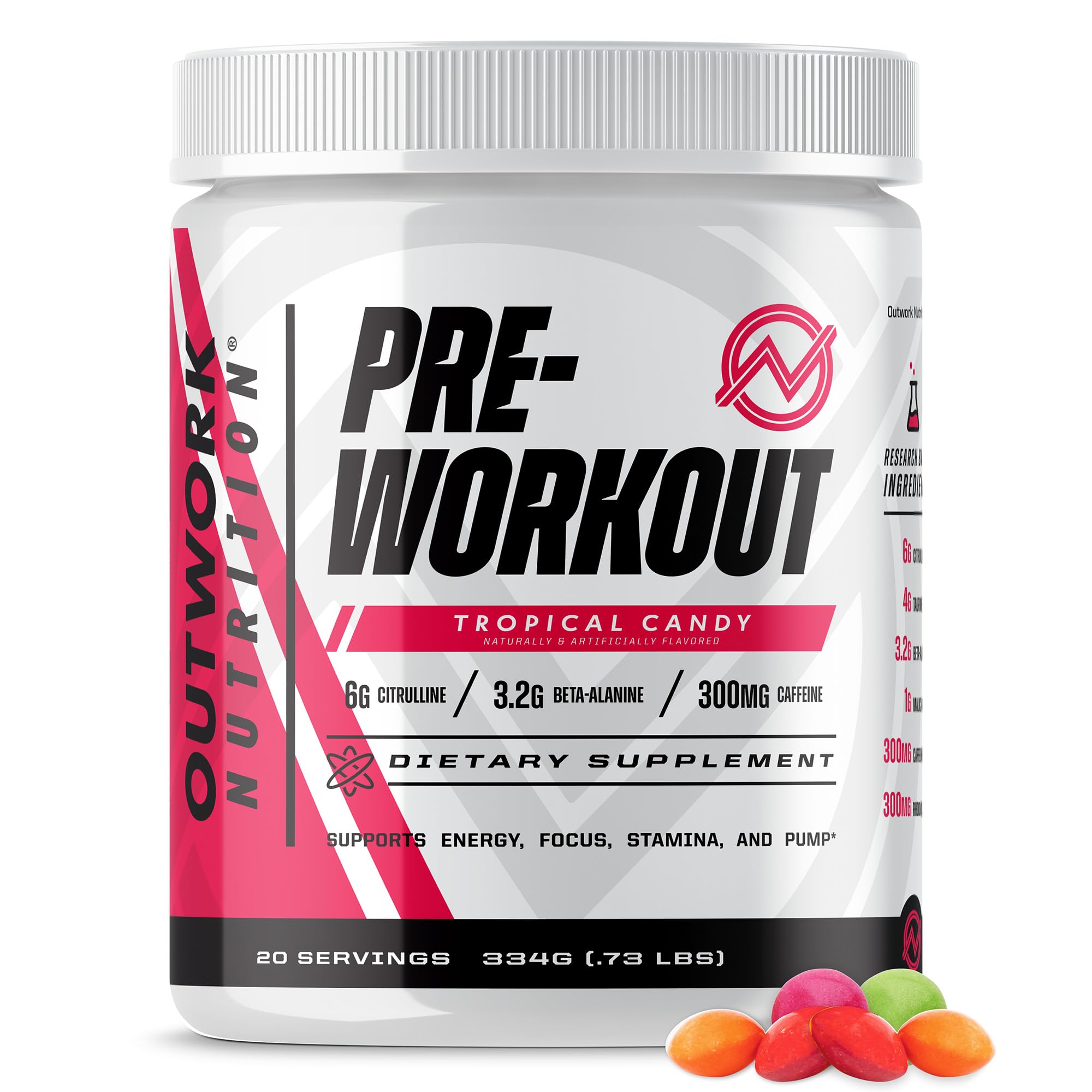 Outwork Nutrition preworkout Tropical Candy bottle ready for a workout boost.