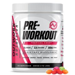 Outwork Nutrition preworkout Tropical Candy bottle ready for a workout boost.