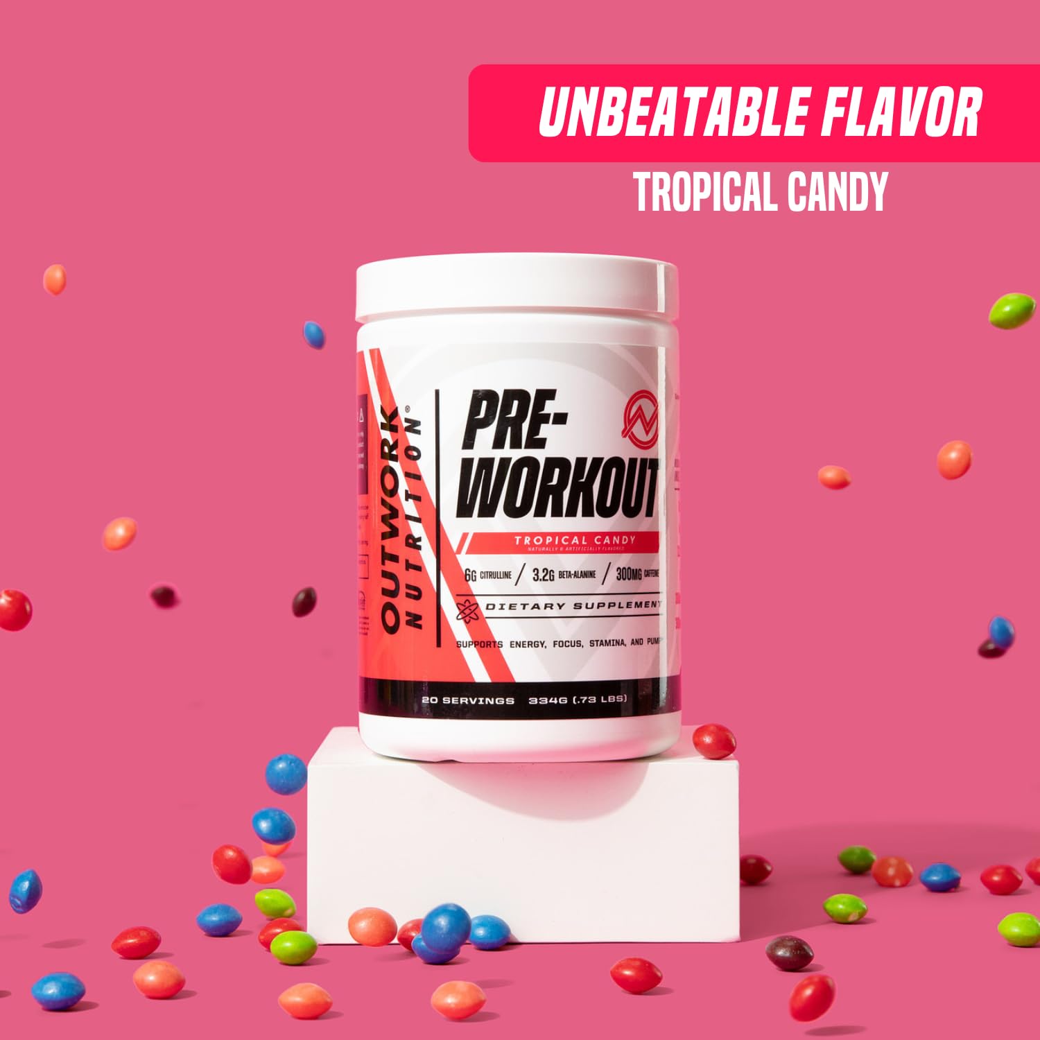 Outwork Nutrition textured powder close-up showing Citrulline Malate and caffeine.