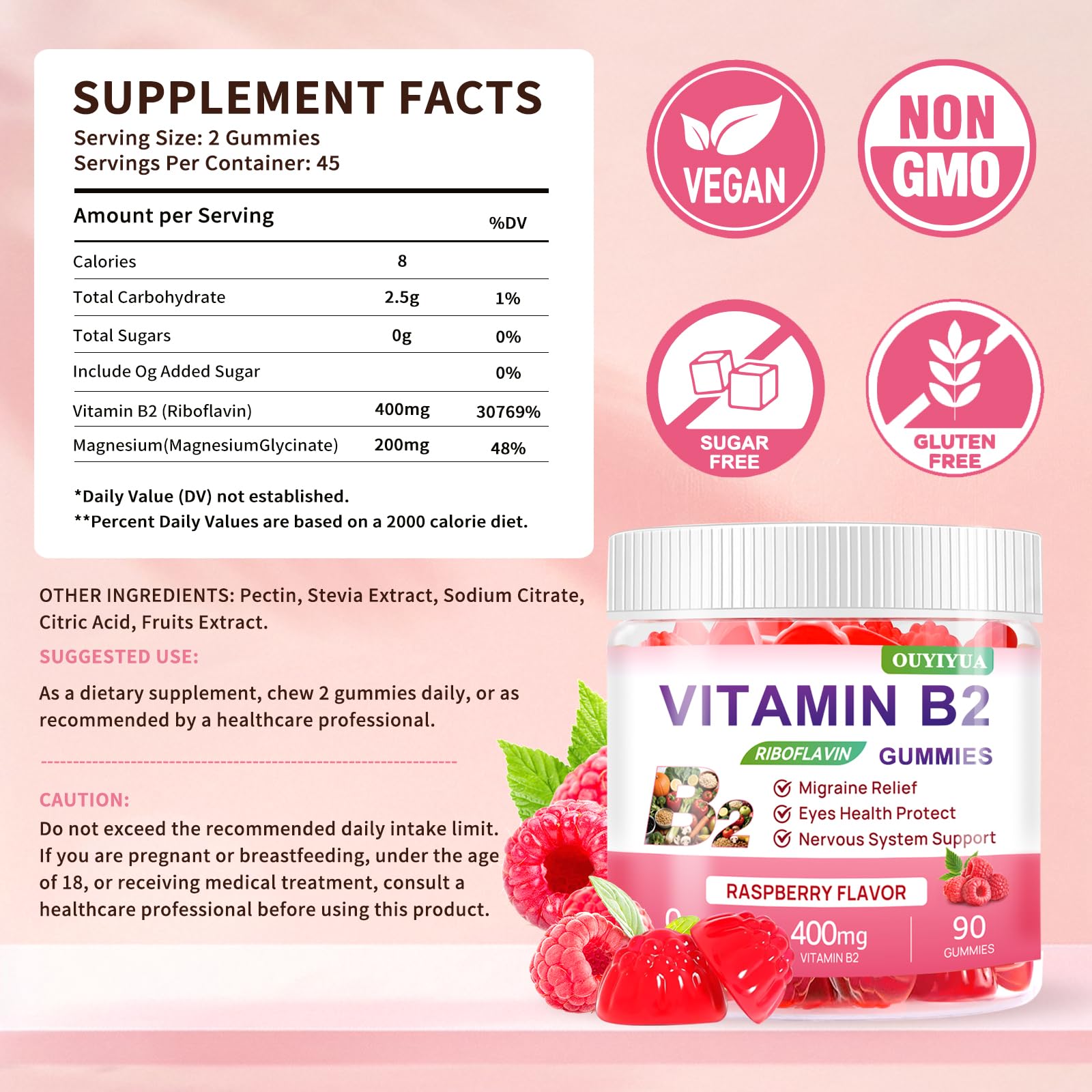 OUYIYUA Vitamin B2 Gummies Raspberry label showing vegan, sugar-free formula