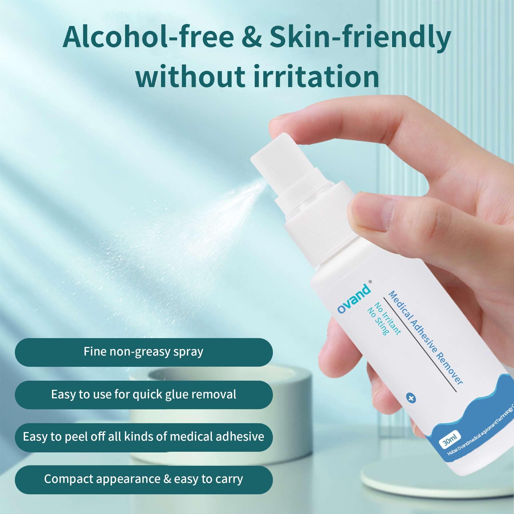 Ovand Multi-Use Adhesive Remover works on tapes, bandages, and ostomy products