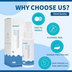 Ovand Travel size Adhesive Remover Spray beside ostomy care items, convenient travel companion