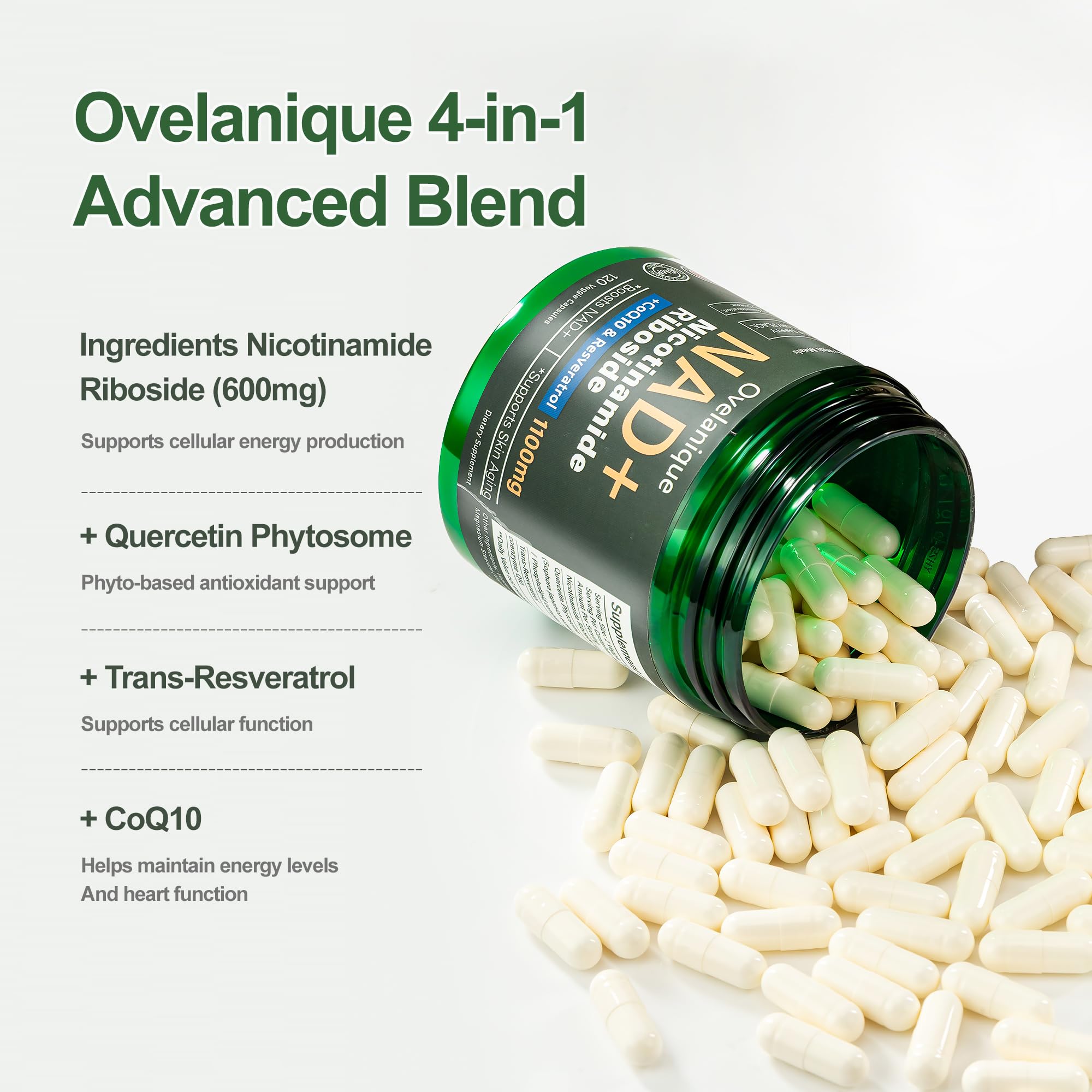 Ovelanique NAD+ supplement bottle label close-up highlighting NR and CoQ10