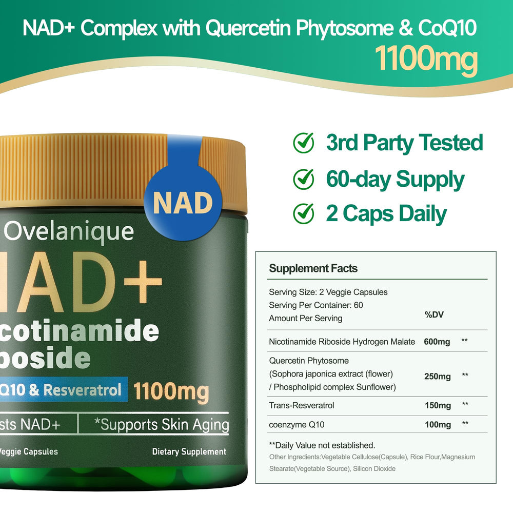 Ovelanique NAD+ capsules on white background for daily wellness
