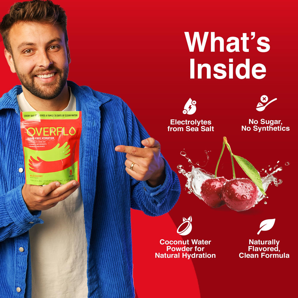 Overflo glass with water and wild cherry for refreshing hydration