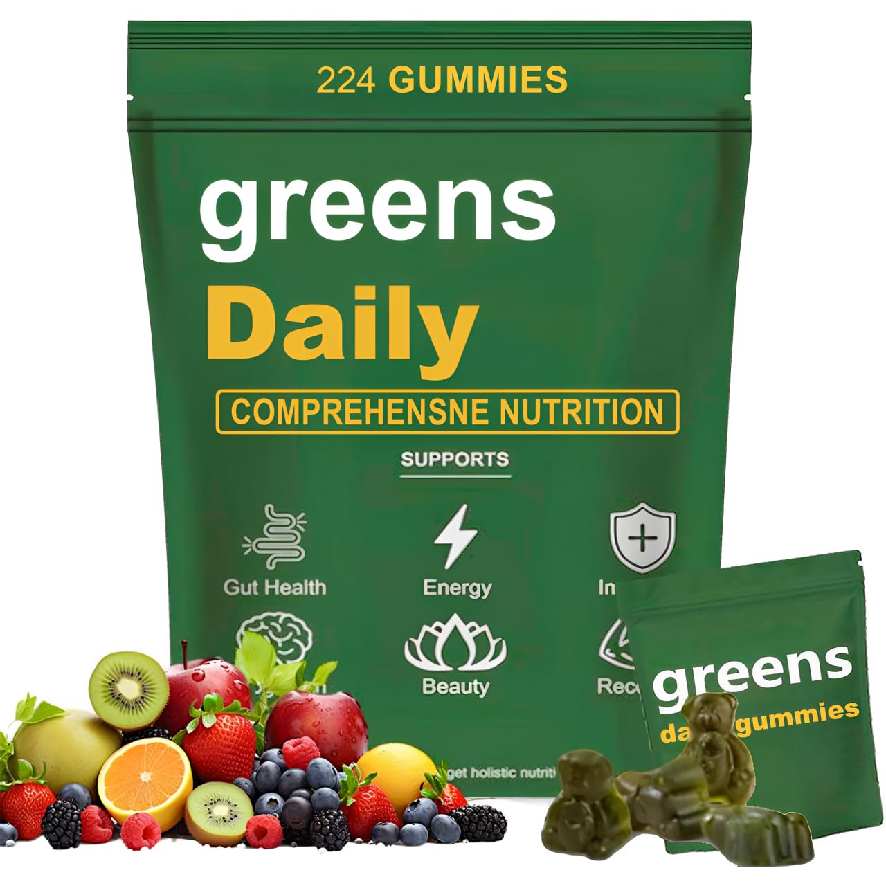 Oviaapo Greens Gummies bottle, vibrant greens, supporting daily wellness and digestion