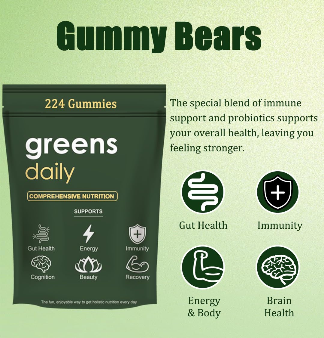 Oviaapo Greens Gummies label, gluten-free and dairy-free formulation