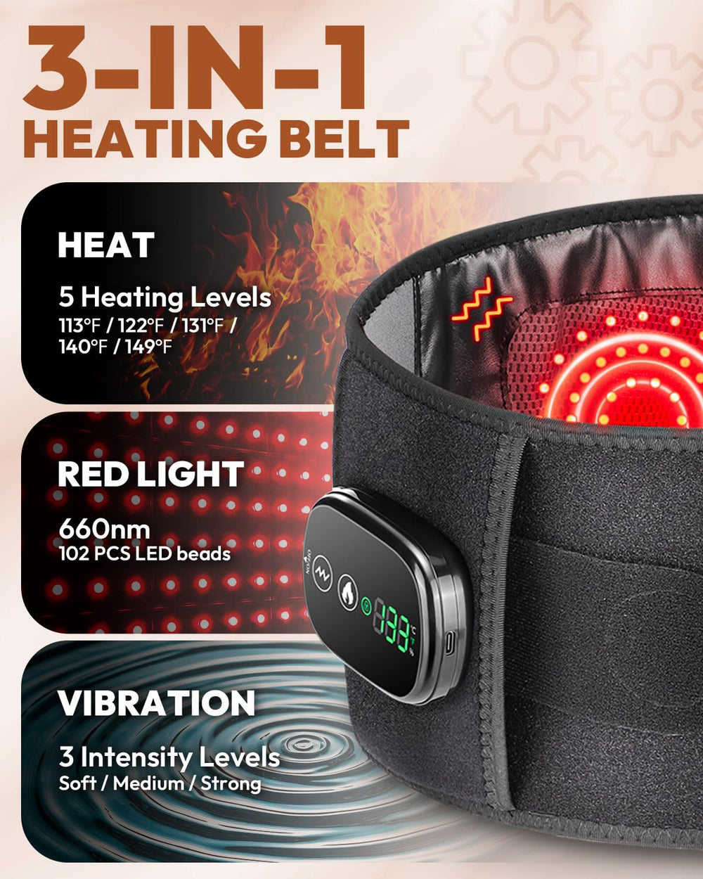 OVIMAZ Red Light Therapy Belt back view demonstrates full back coverage and heat