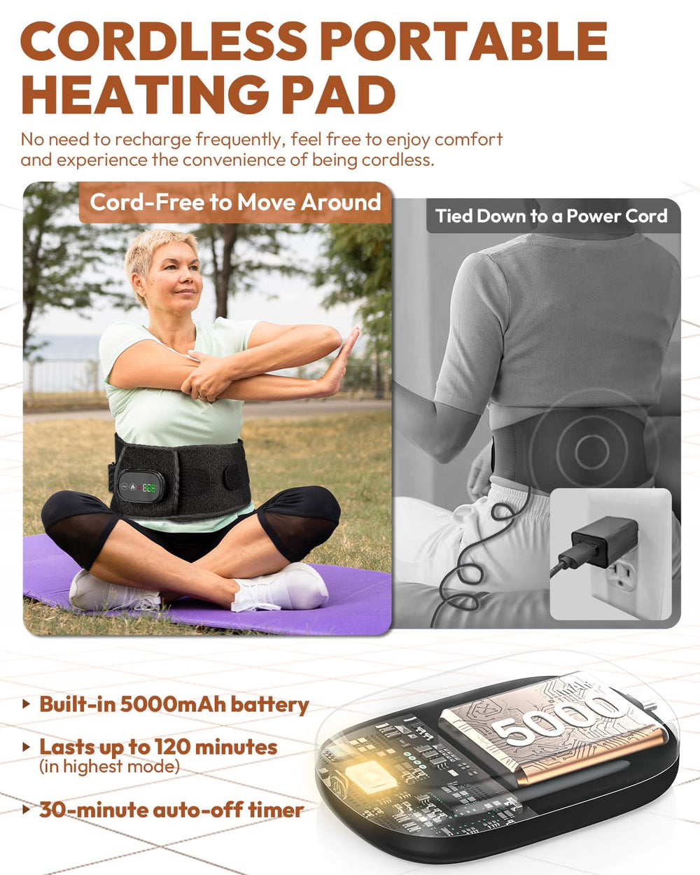 OVIMAZ Red Light Therapy Belt battery feature shows 5000mAh for extended cordless use