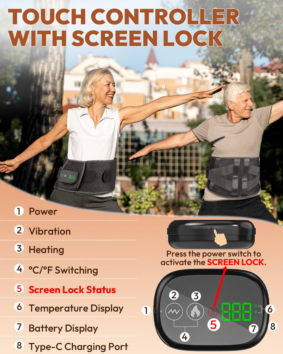 OVIMAZ Red Light Therapy Belt control panel highlights touchscreen control for easy customization