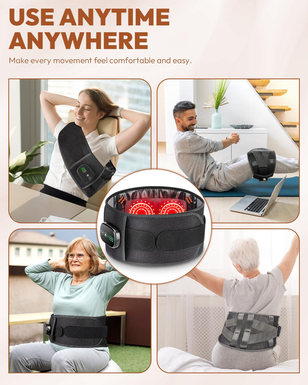 OVIMAZ Red Light Therapy Belt massage modes illustrate three vibration options