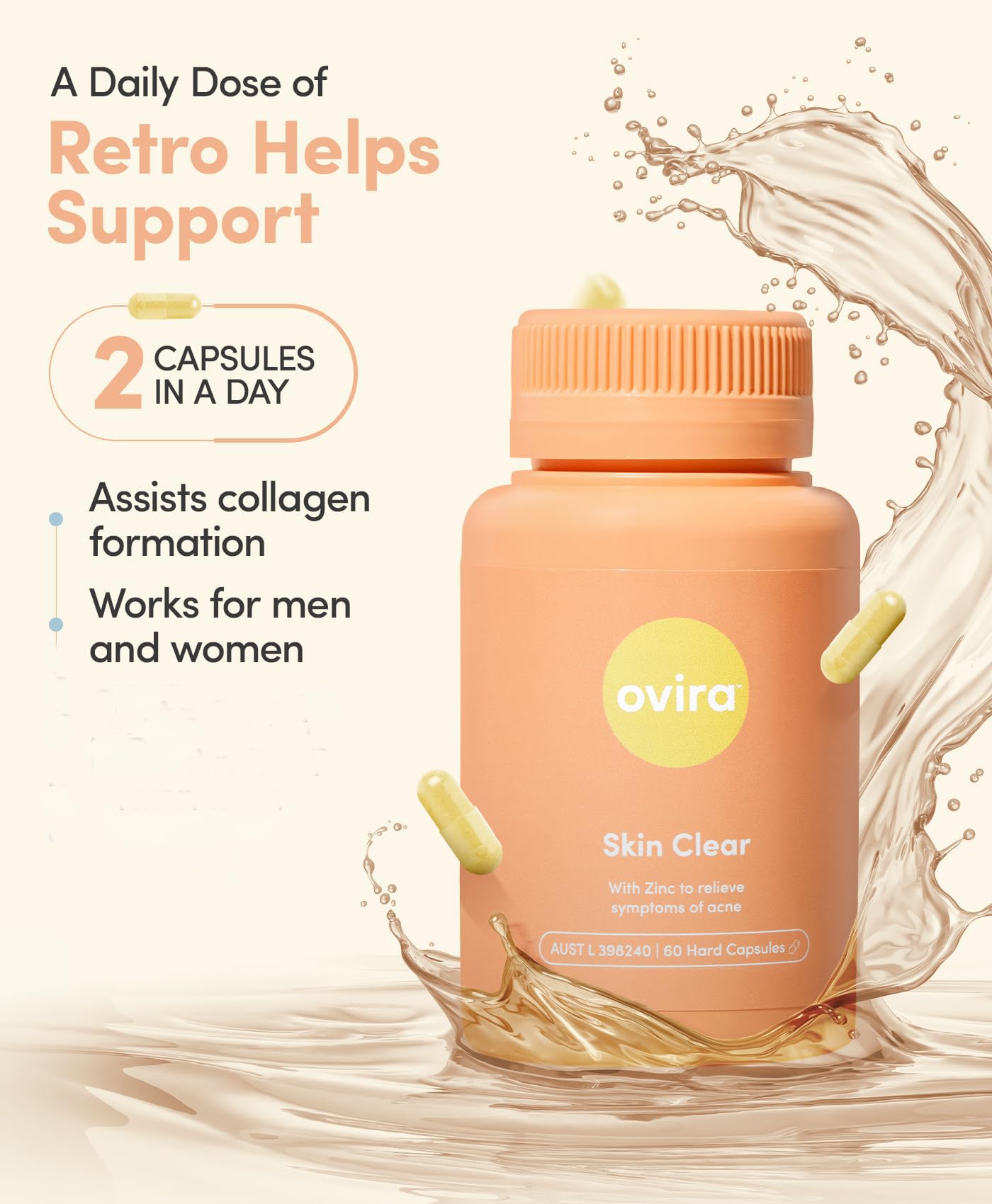 Close-up of Ovira Skin Clear zincbright capsules ready for daily use
