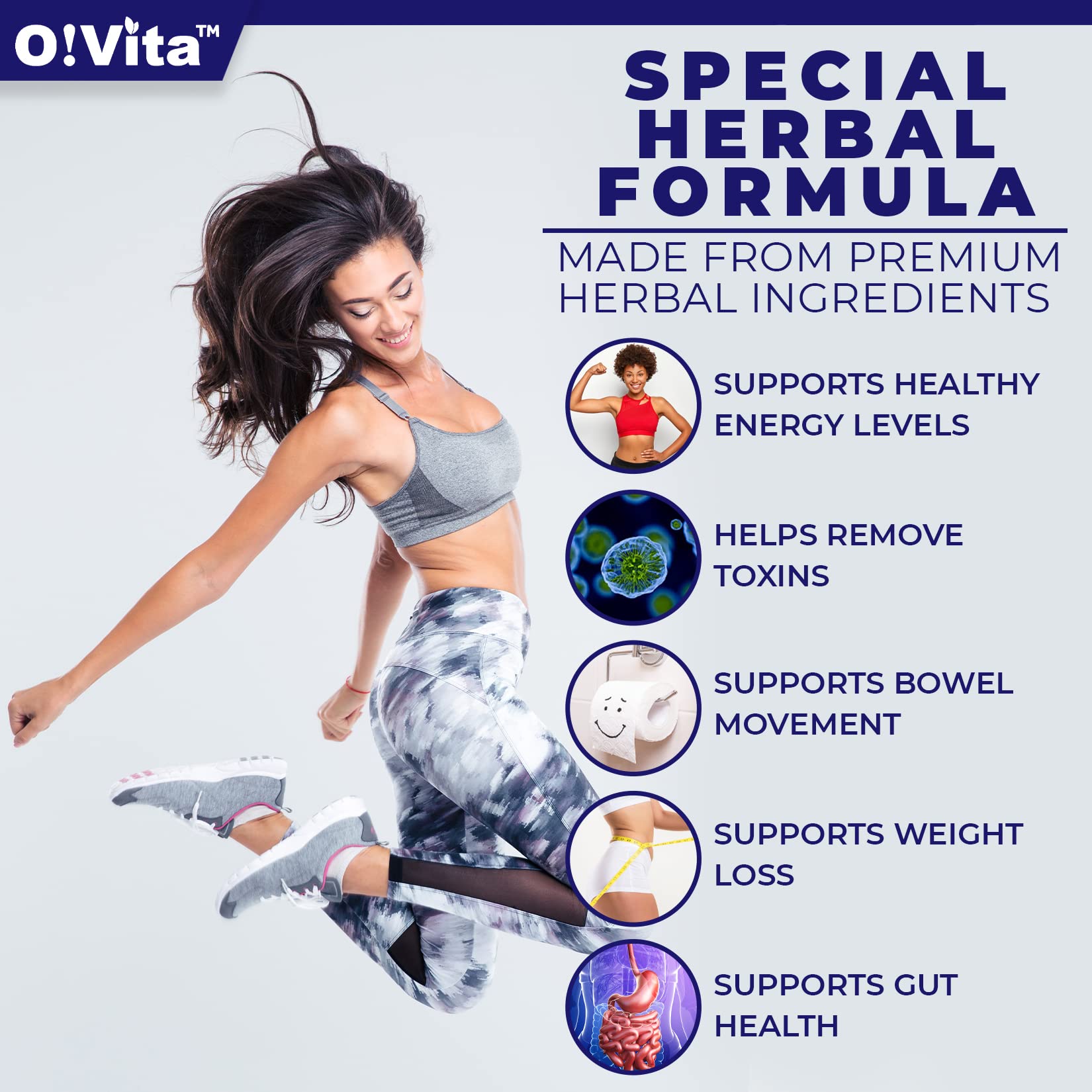 O!VITA bottle label close-up highlights probiotic blend for gut comfort.