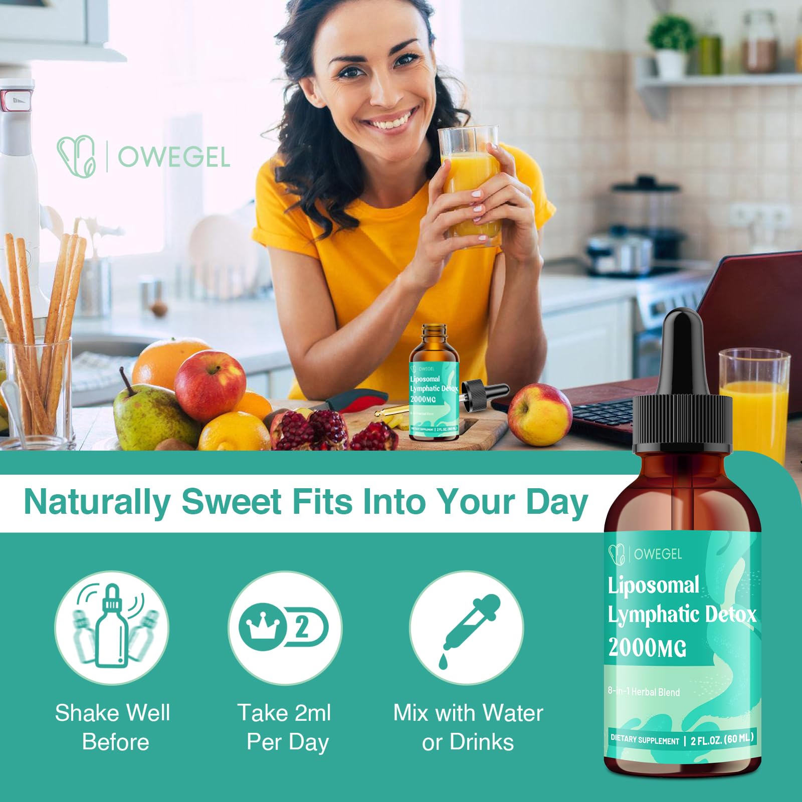 Owegel Bottle with drops over a glass illustrates easy daily dosing ritual.