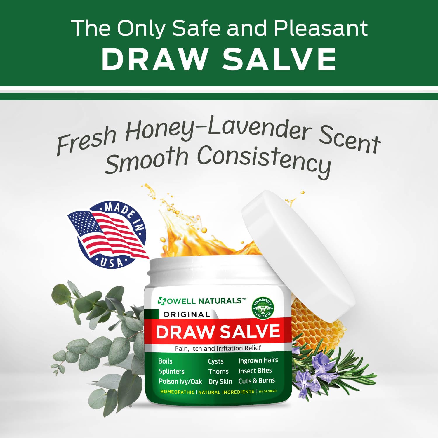 OWELL NATURALS Drawing Salve applied to minor skin irritations for relief.