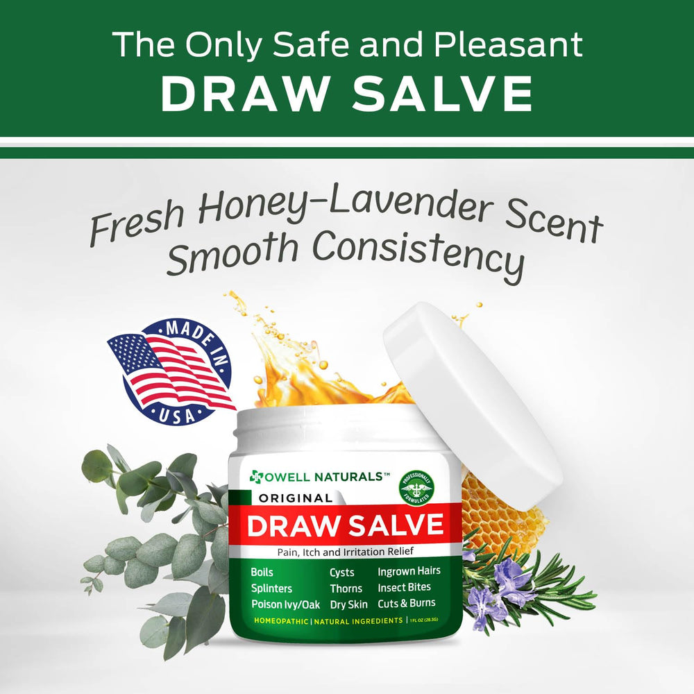 OWELL NATURALS Drawing Salve applied to minor skin irritations for relief.