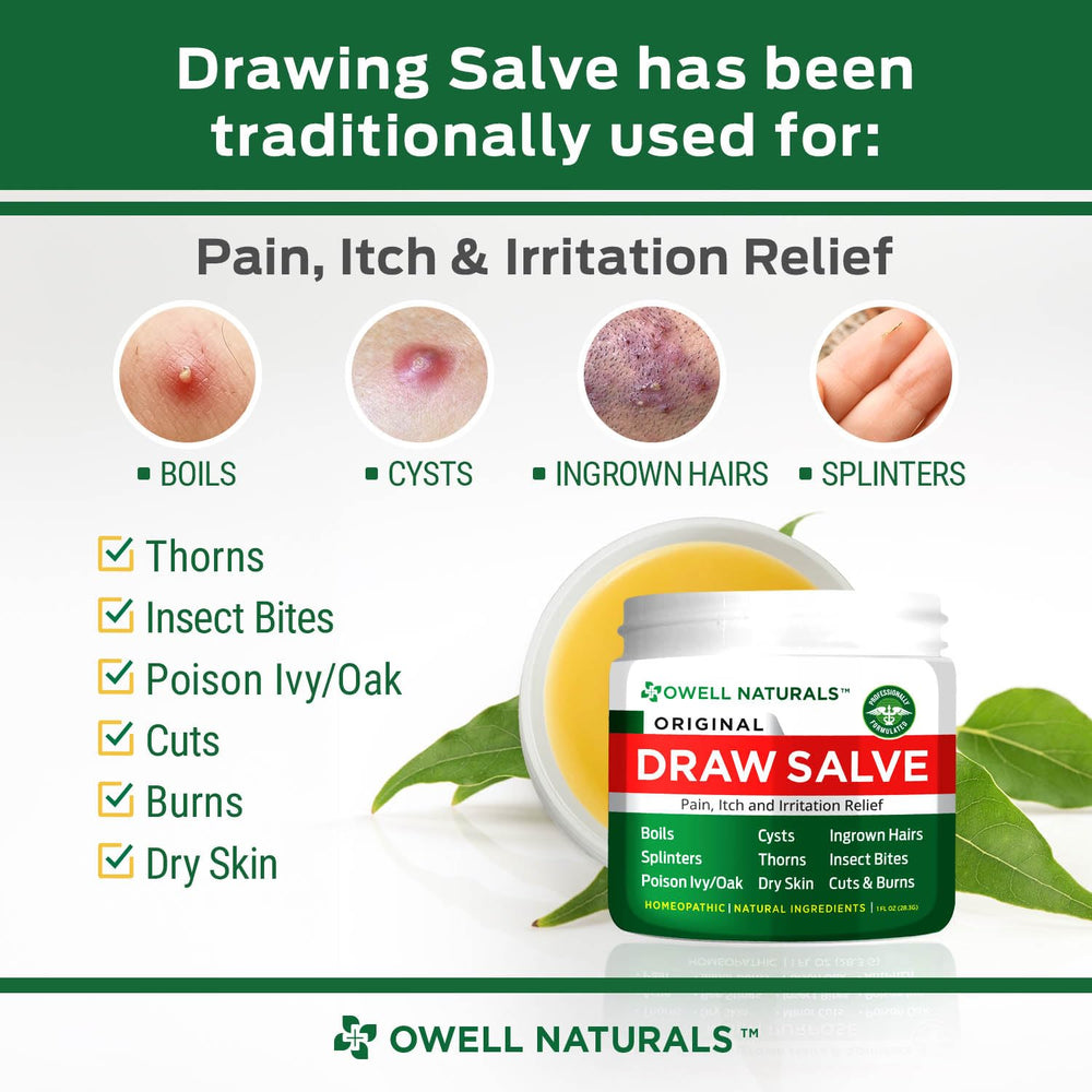 OWELL NATURALS drawing salve applied to skin showing topical use for boils and splinters.