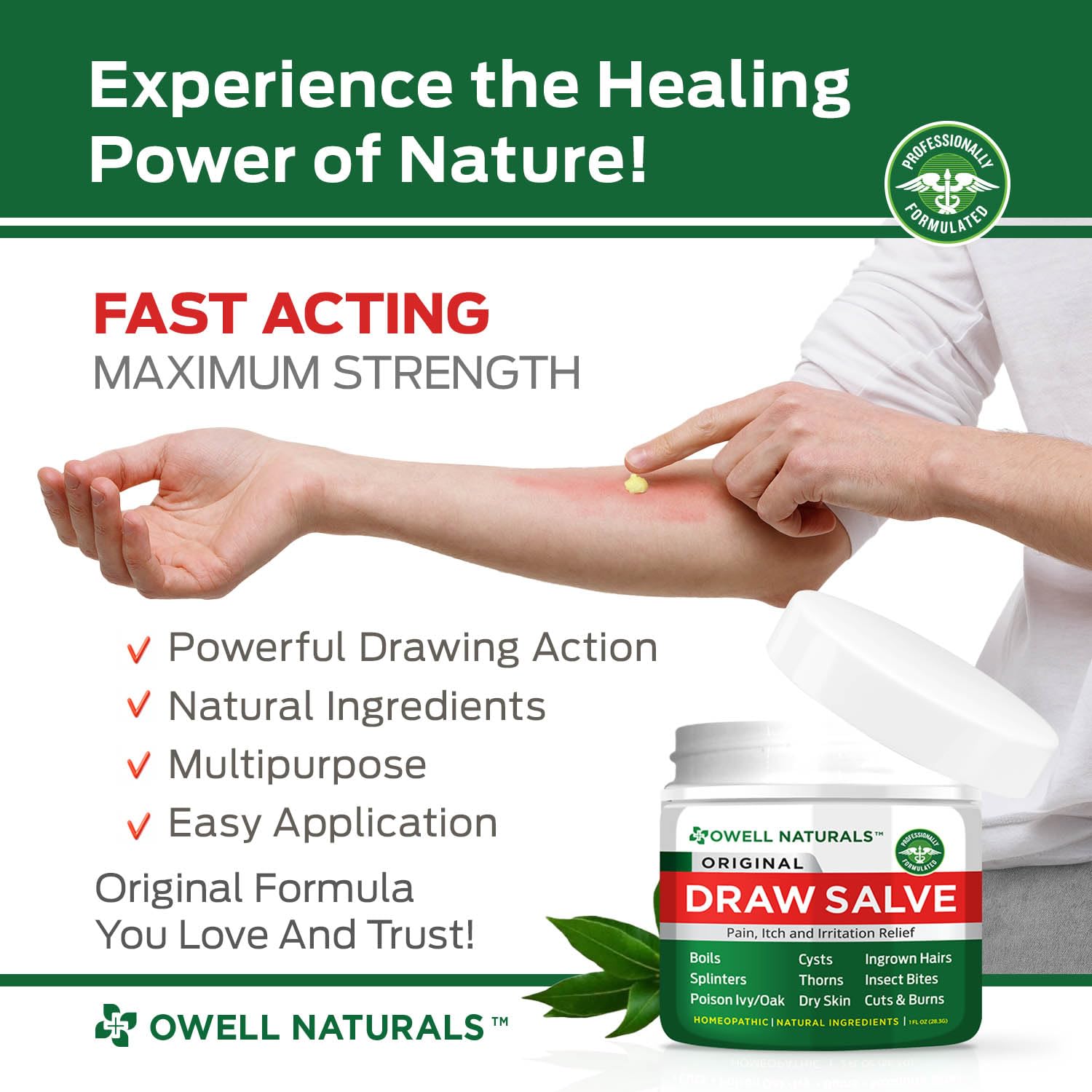 OWELL NATURALS Drawing Salve ingredients including tea tree oil for skin comfort.
