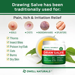 Ingredients of OWELL Naturals Drawing Salve with tea tree oil for skin care.