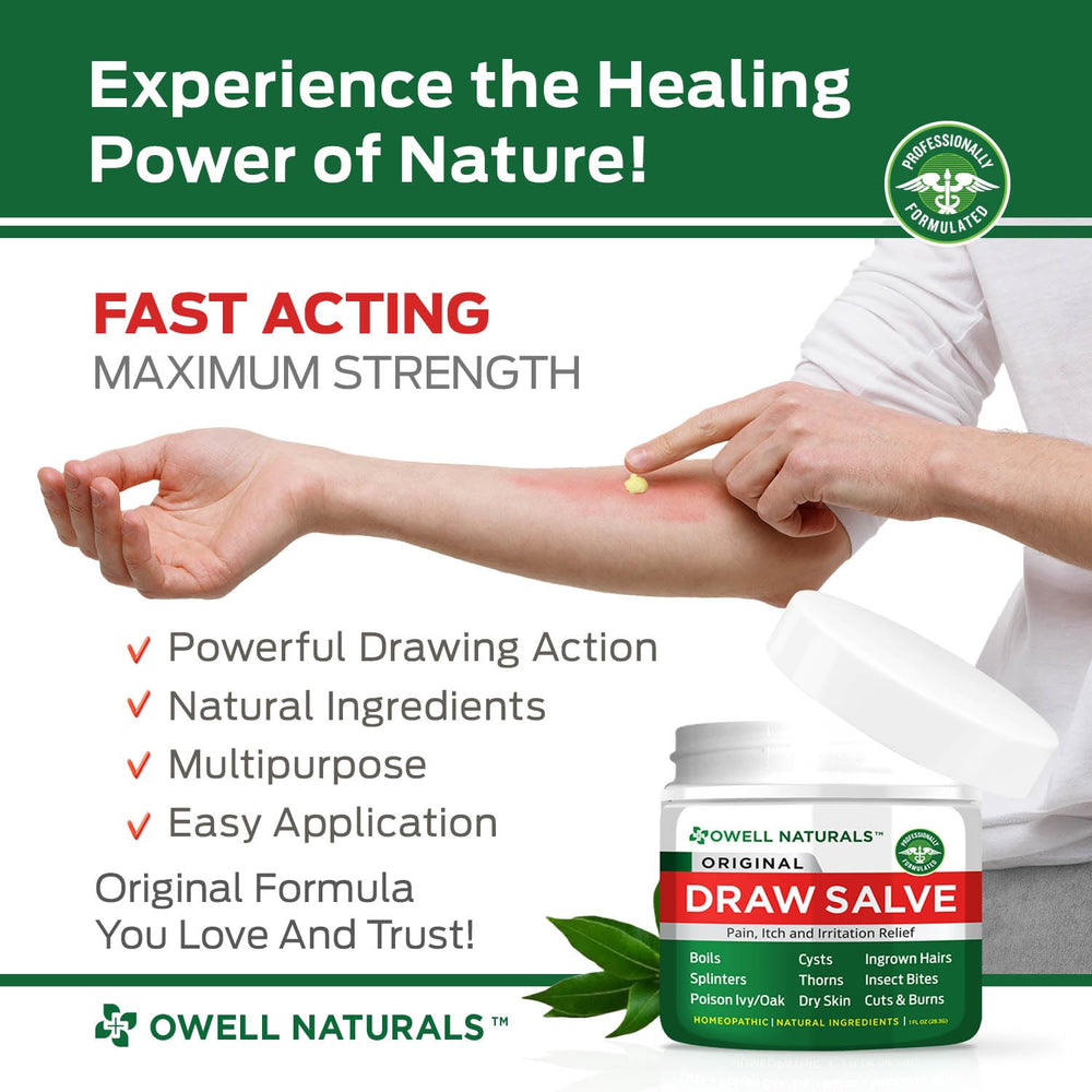OWELL NATURALS Drawing Salve ingredients including tea tree oil for skin comfort.