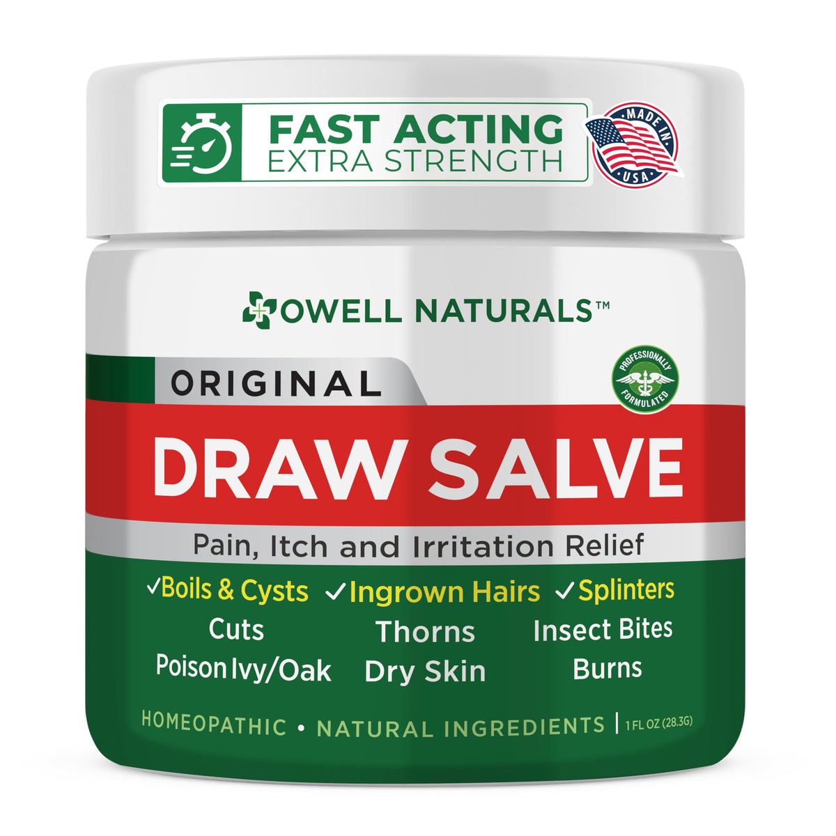 OWELL Naturals Drawing Salve jar close-up showing calming skin relief for boils and ingrown hairs.