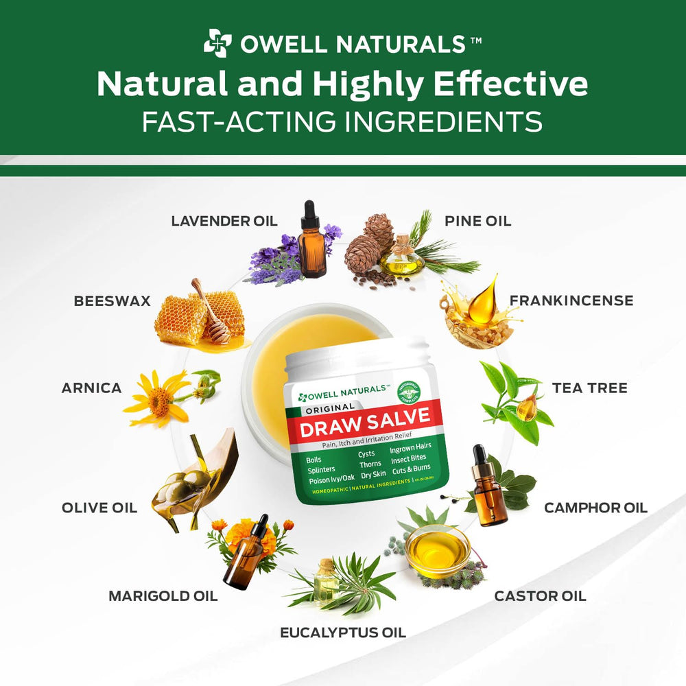 OWELL NATURALS drawing salve applied to splinter under skin to ease discomfort.