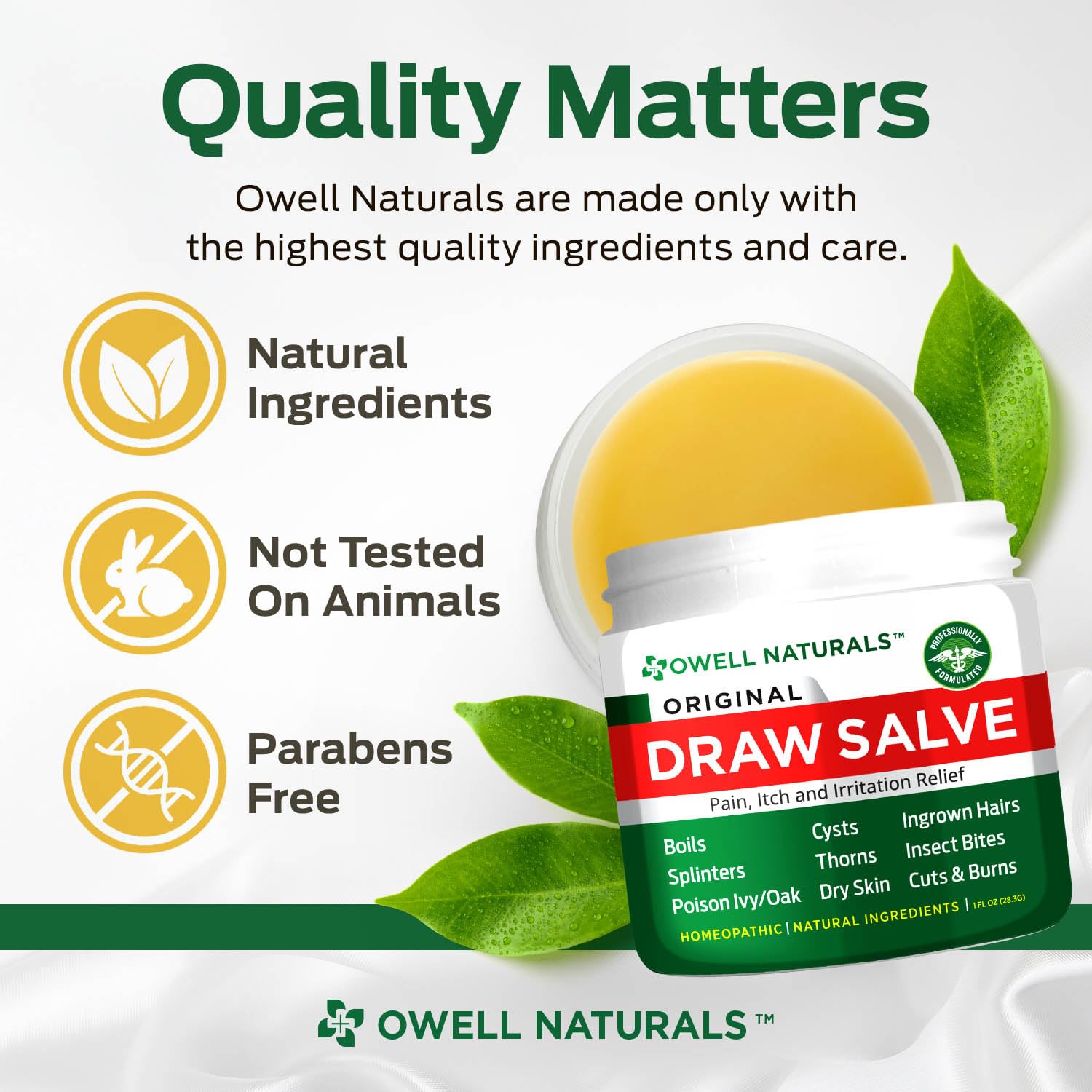 Packaging label of OWELL Naturals Drawing Salve.