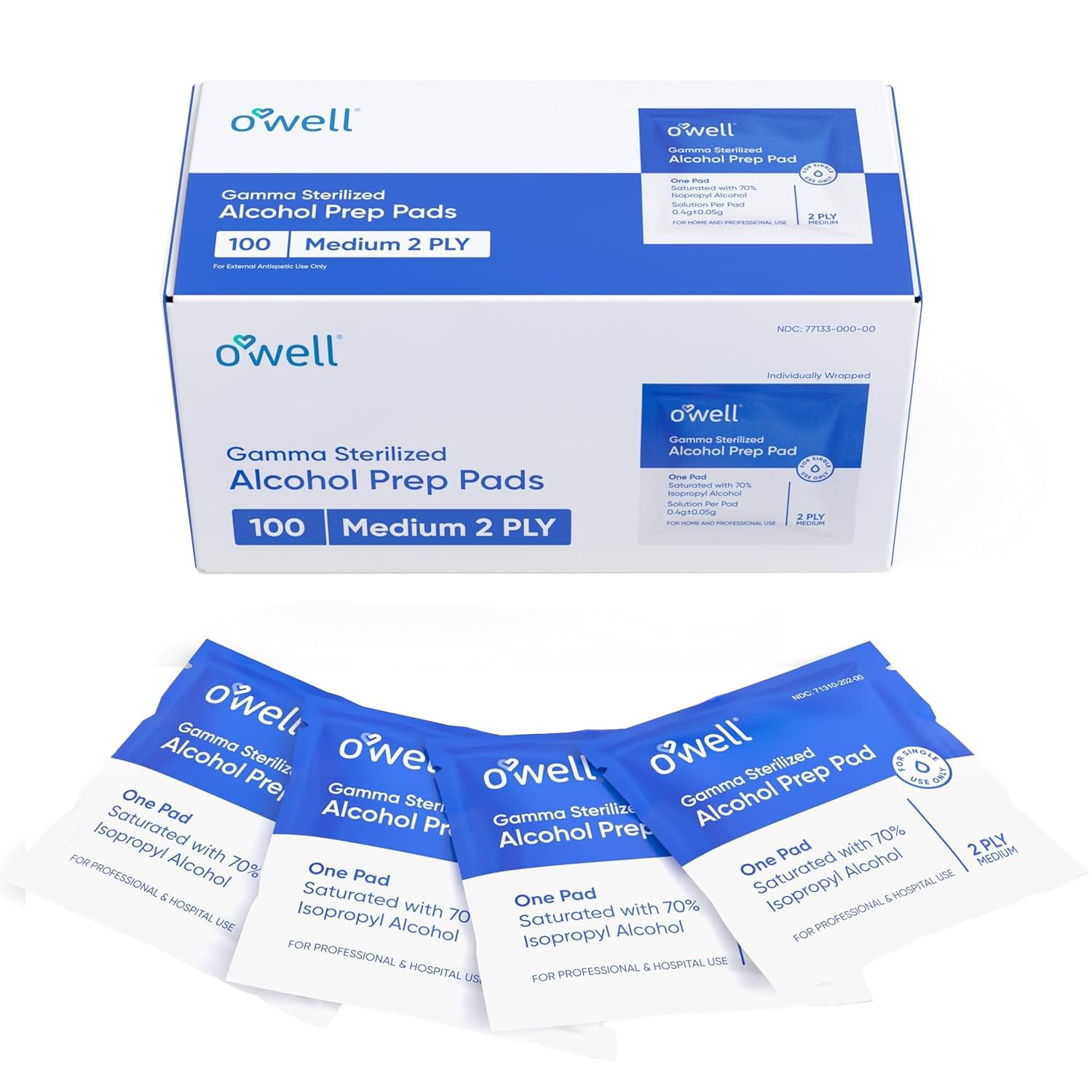 OWELL Prep Pads: 100 toallitas envueltas para limpieza suave de la piel.