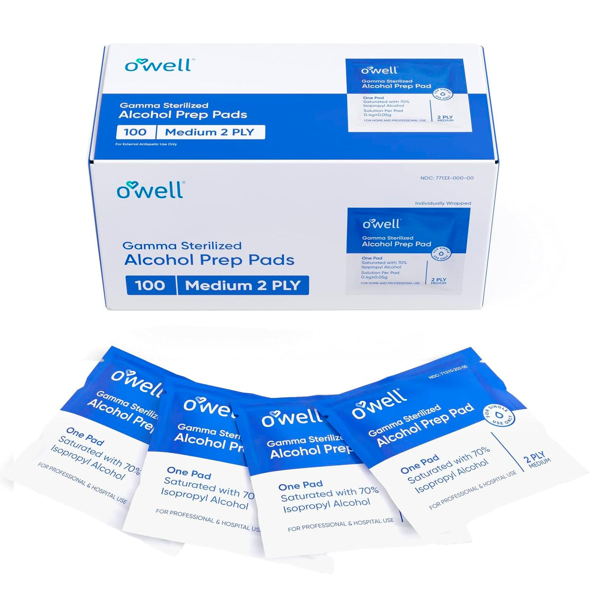 OWELL Prep Pads: 100 toallitas envueltas para limpieza suave de la piel.