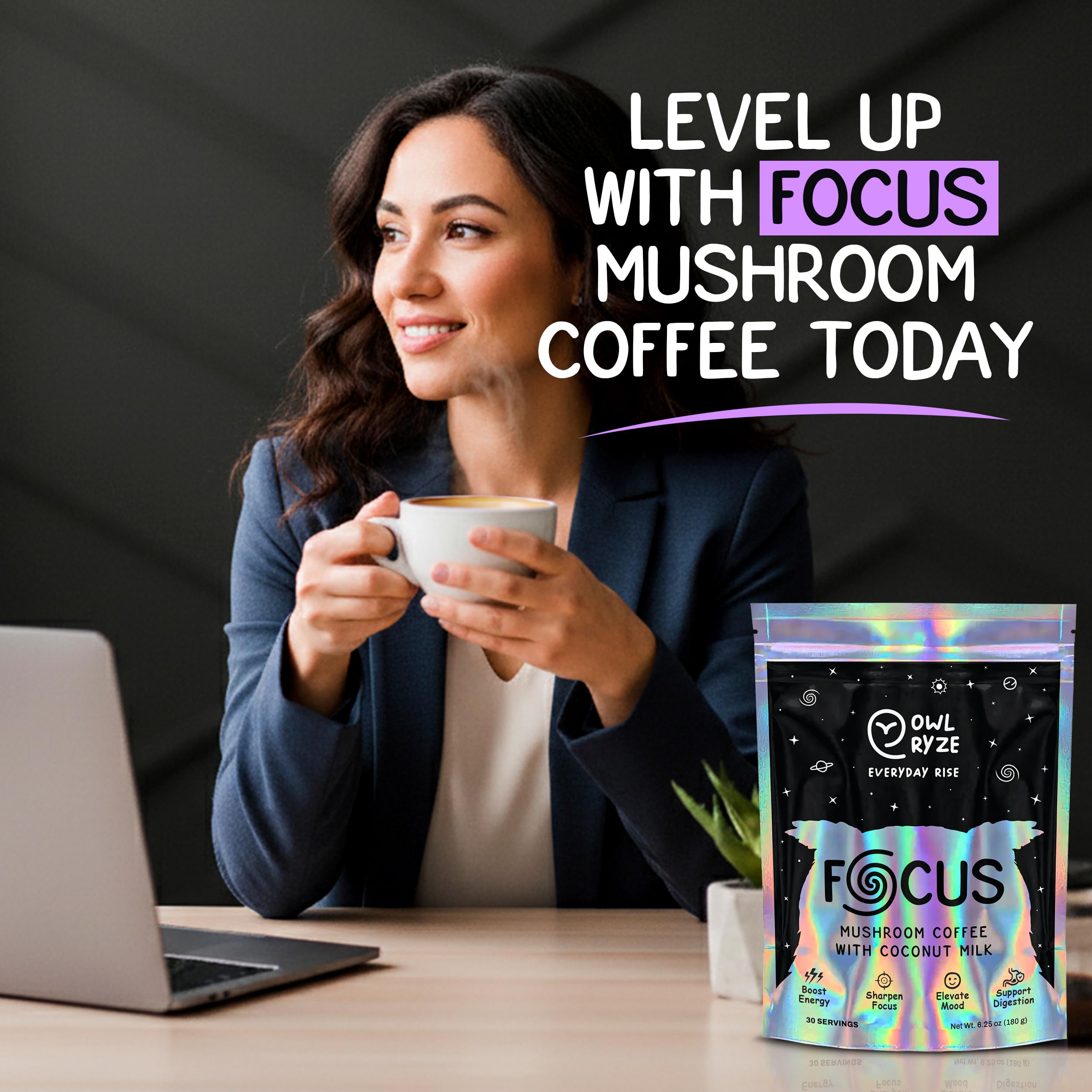 OWL RYZE Mushroom Coffee Focus ingredients including MCT oil and coconut milk powder.